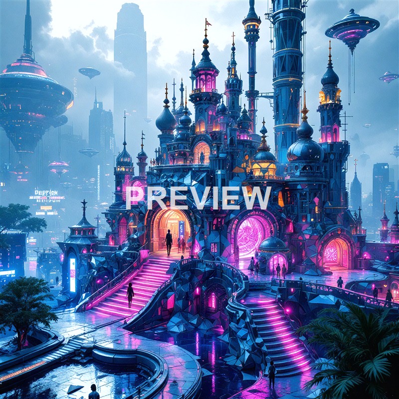 A futuristic cityscape featuring a large, elaborate castle-like structure illuminated with vibrant pink and blue lighting, surrounded by flying ships and tall skyscrapers in the background.